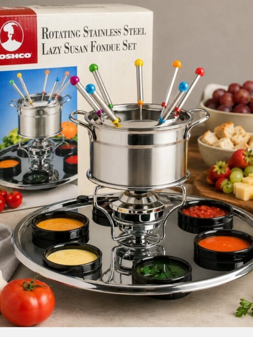 New Vintage Dead Stock Roshco Rotating Stainless Steel Lazy Susan Fondue Set
